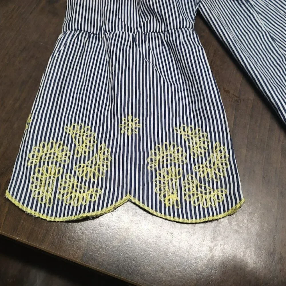 Basic Editions Blue White Striped With Yellow Flowers Top Size Women's L